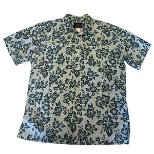 Nainoa Hawaii Shirt Men's Size XL Green Floral Half-Placket Button Short Sleeves